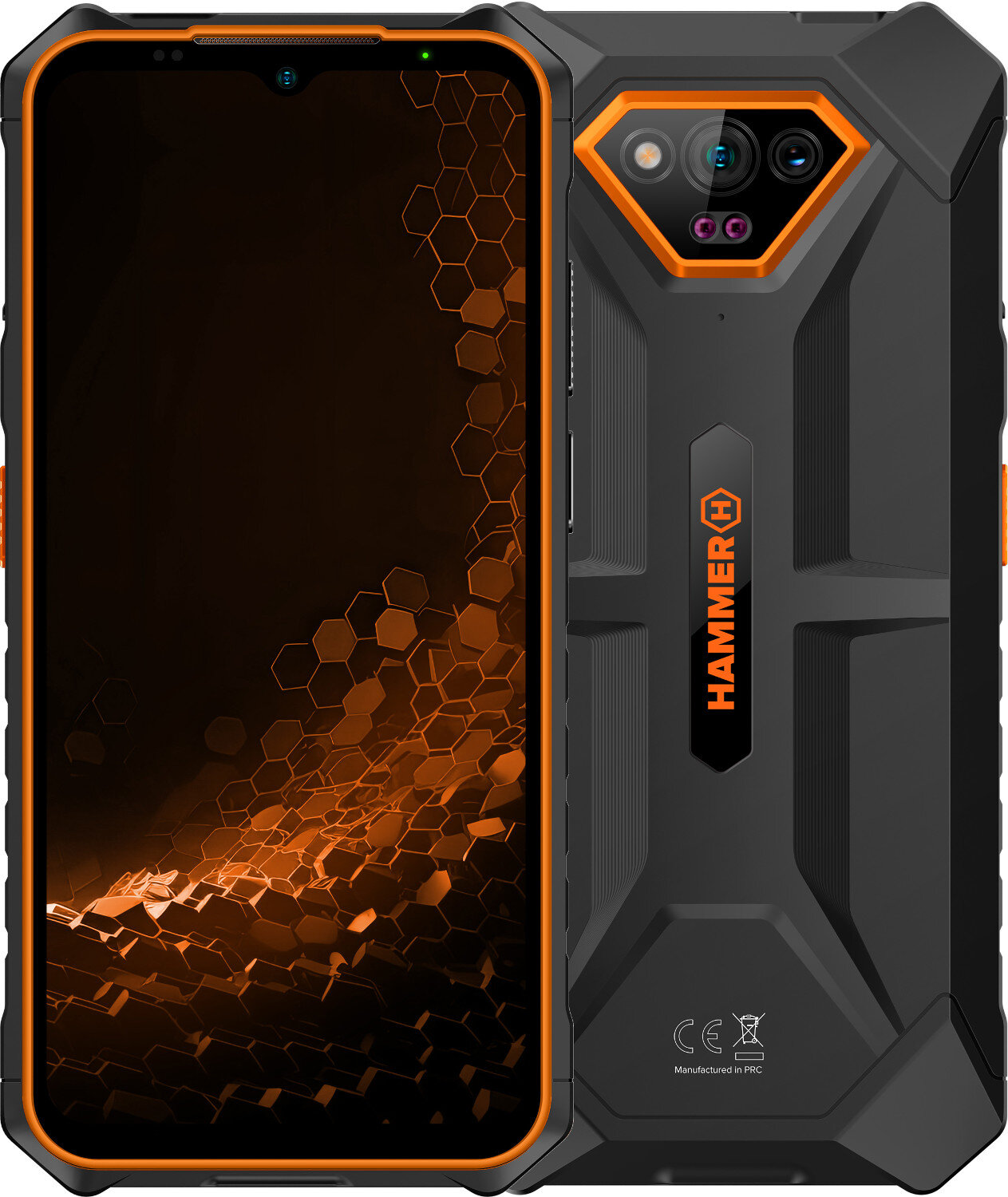 Wytrzymały czarno-pomarańczowy smartfon. Posiada aparat i ekran.
