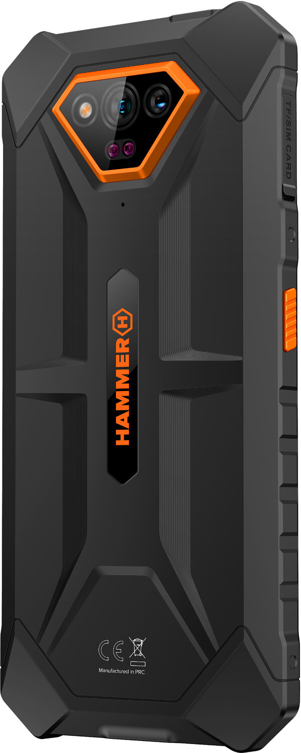Wytrzymały, czarny smartfon z pomarańczowymi akcentami, pokazujący wiele obiektywów aparatu i logo Hammer.