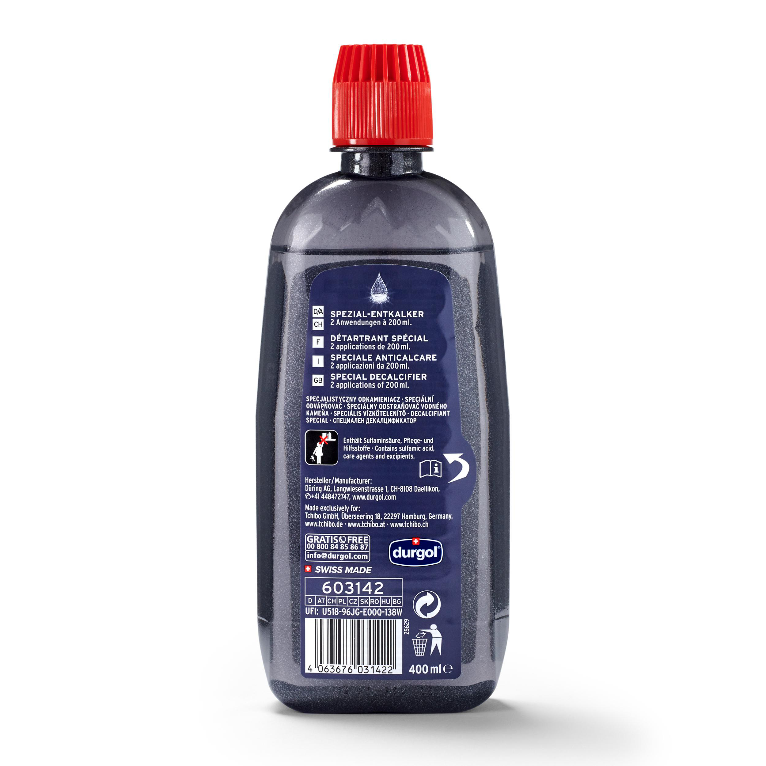 Entkalkerflasche mit rotem Deckel, schwarzem Etikett.