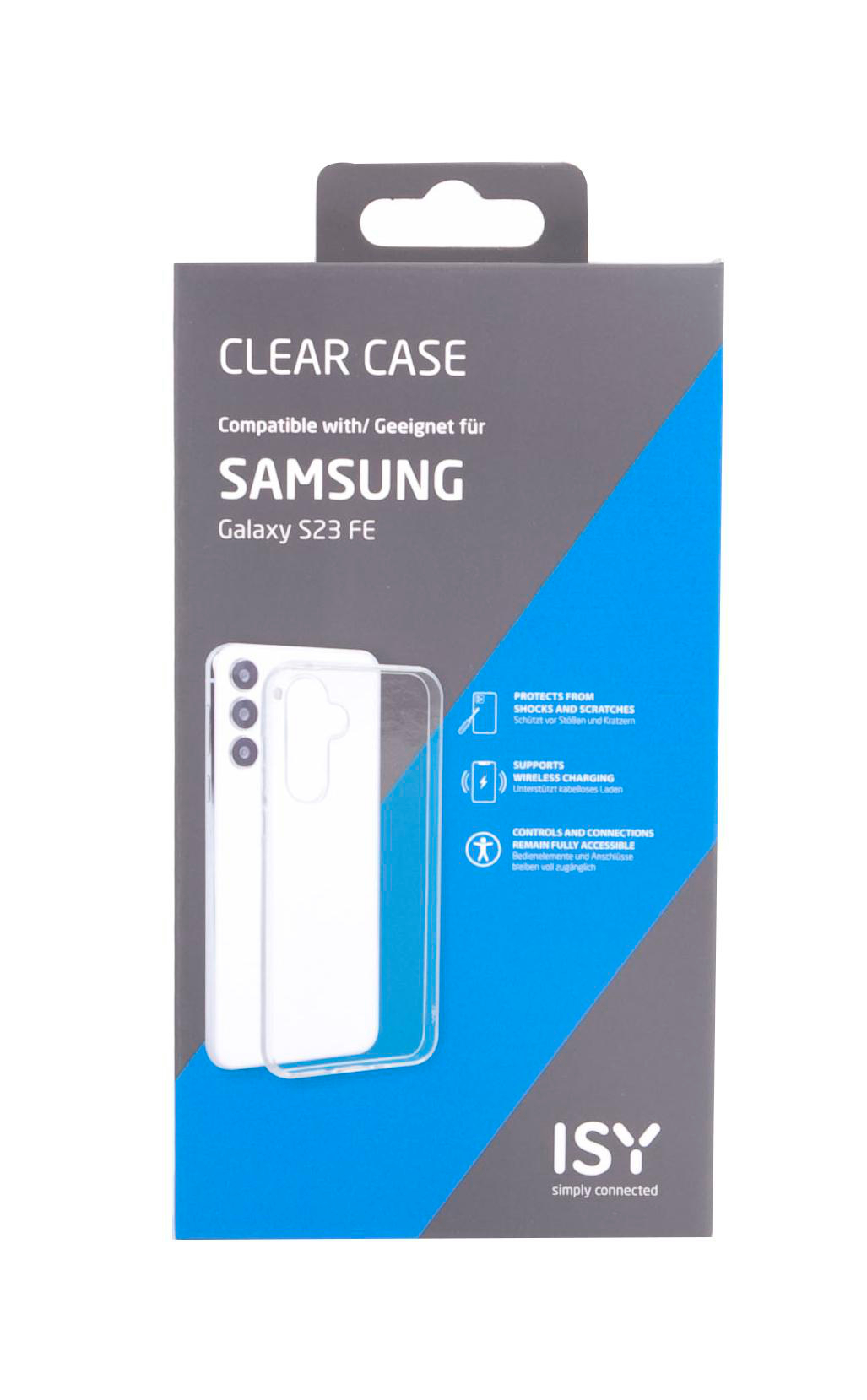 Boxed klare Handyhülle für Samsung Galaxy S23 FE. Zeigt Telefon und Hülle.