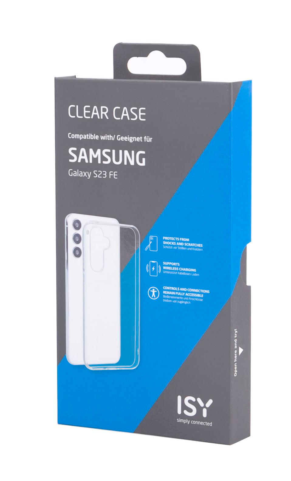 Schachtel mit einer transparenten Hülle für ein Samsung-Handy.