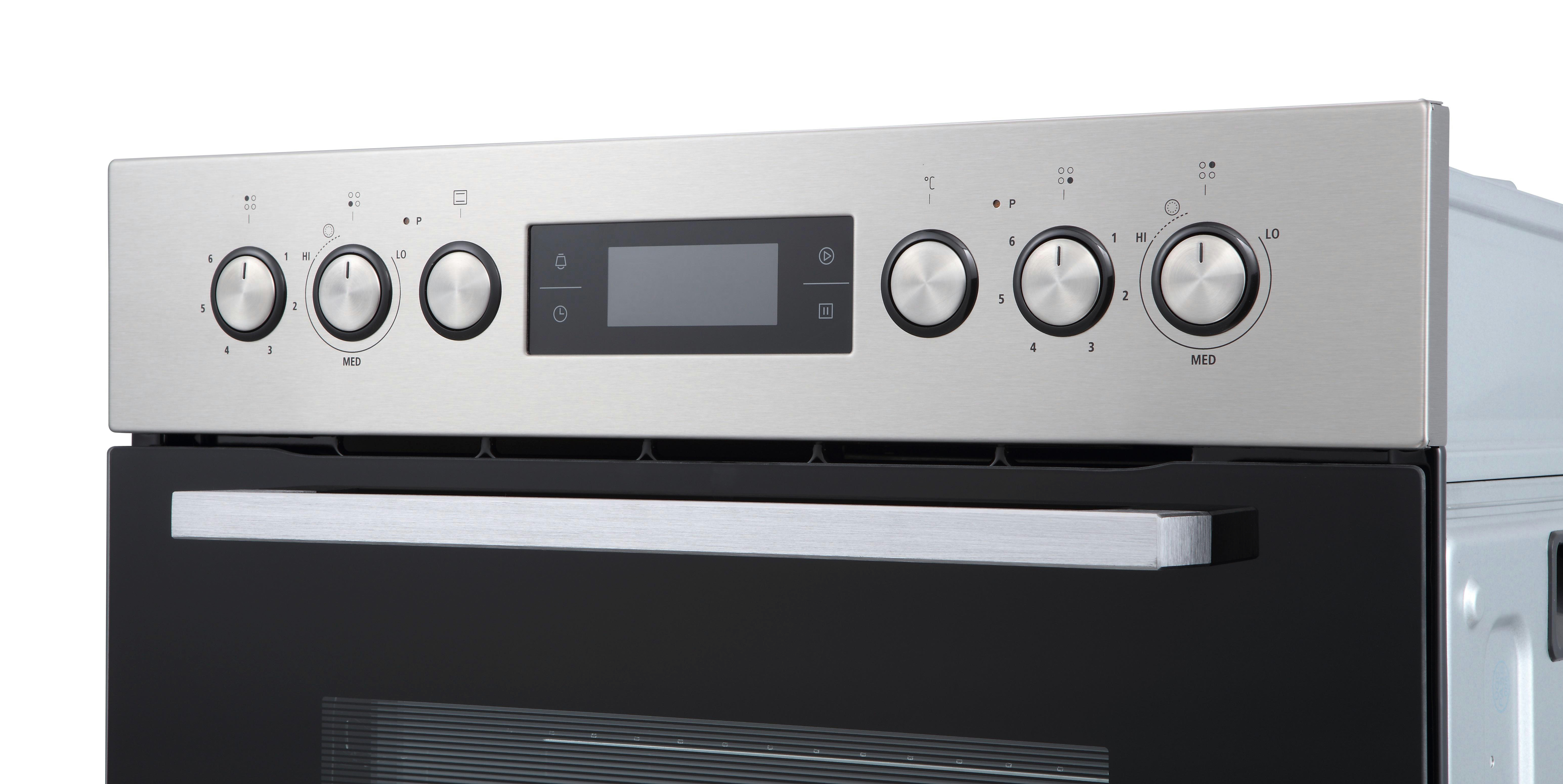 Backofen-Bedienfeld mit Knöpfen und Digitalanzeige, aus Edelstahl.