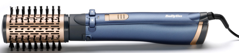 Une brosse à coiffer Babyliss bleue et dorée. Elle a une tête rotative avec des poils noirs.