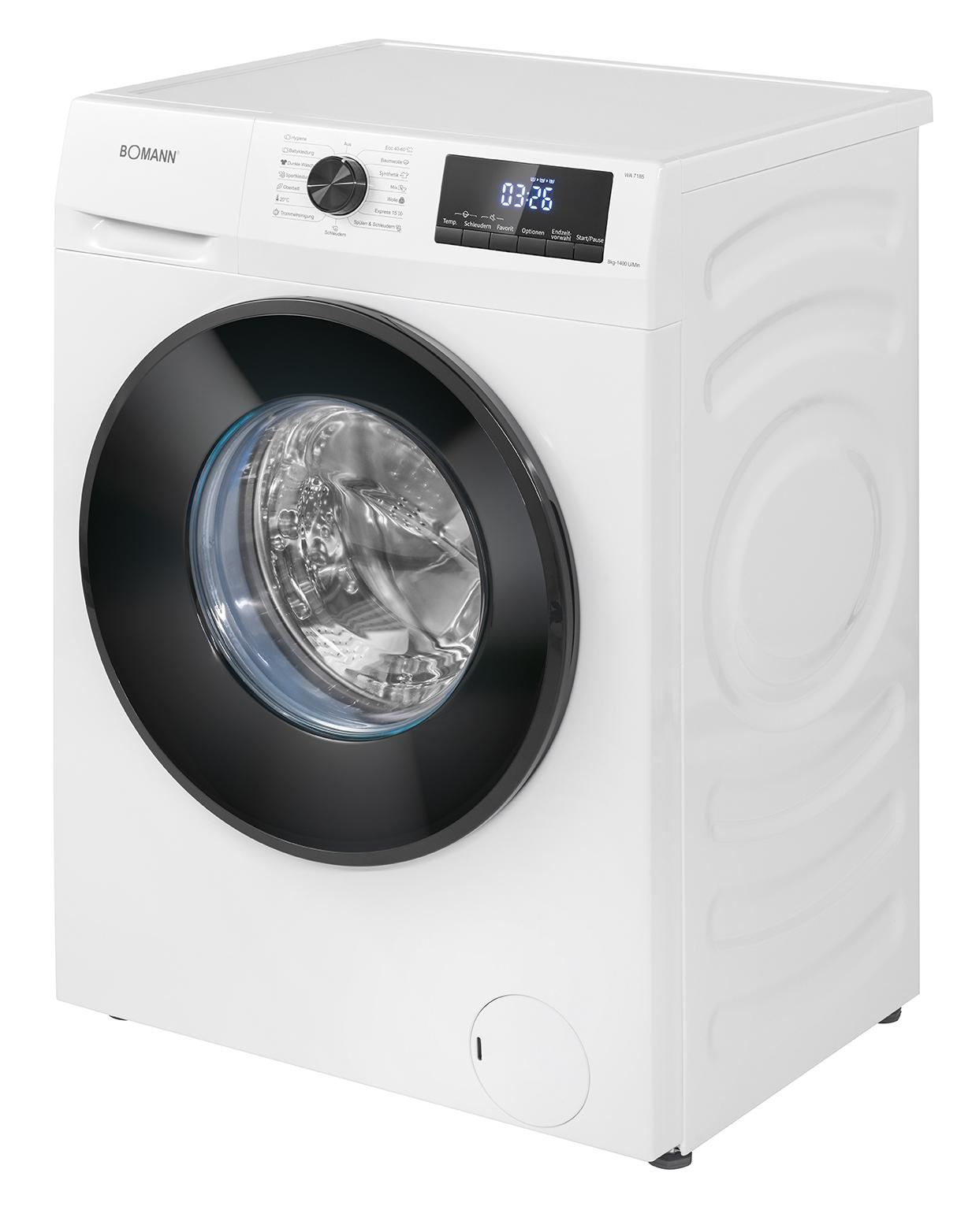 Weiße Waschmaschine. Weiße Maschine mit schwarzer Tür, Bedienfeld und Digitalanzeige.