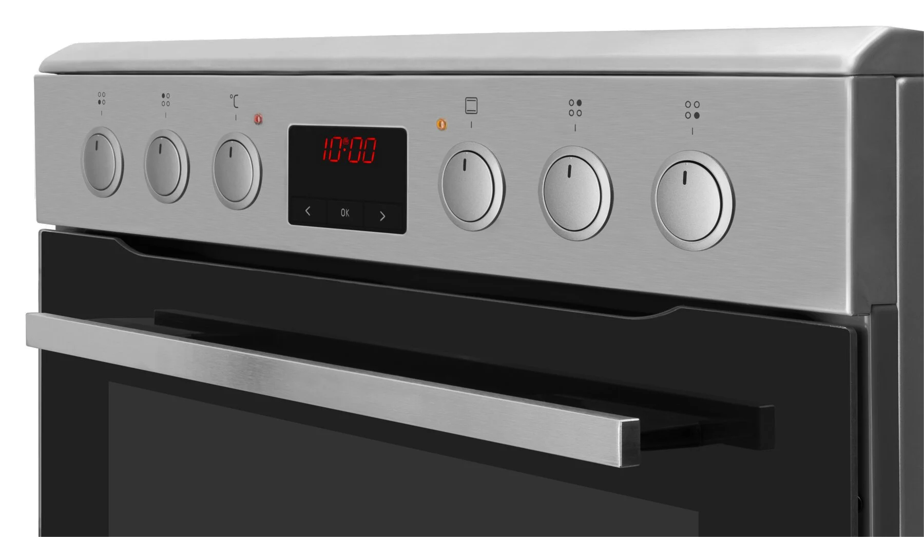 Backofen-Bedienfeld mit Knöpfen, Digitalanzeige und Griff auf Edelstahl.