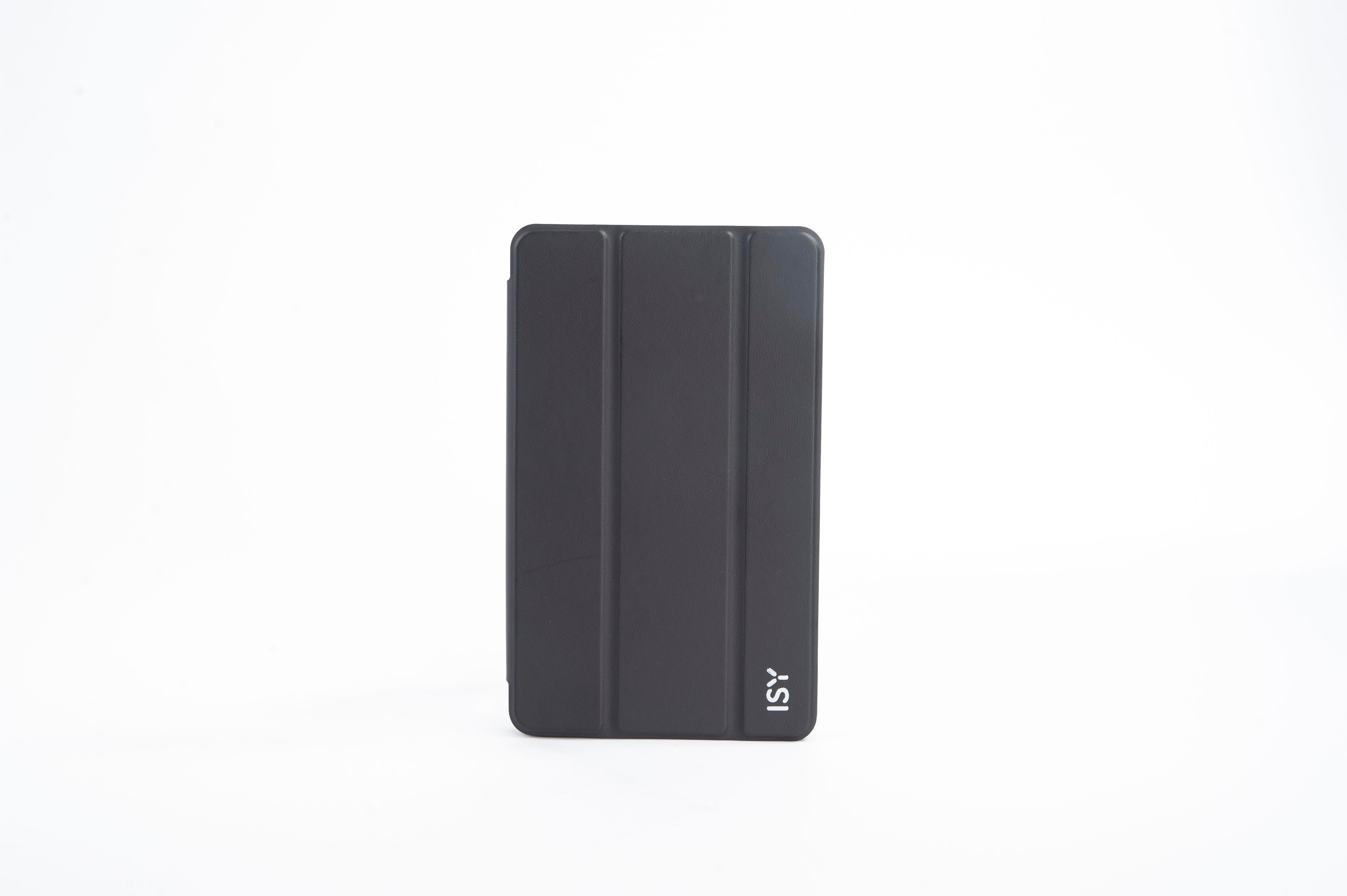 Eine schwarze Tablethülle auf weißem Untergrund mit ISY-Logo.