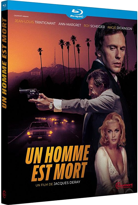 Filmposter met een man die een pistool richt, een vrouw en de tekst "UN HOMME EST MORT".