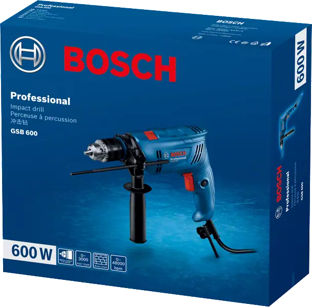 Bosch Professional ütvefúró kék dobozban. A fúró kék, fekete és narancssárga elemekkel.
