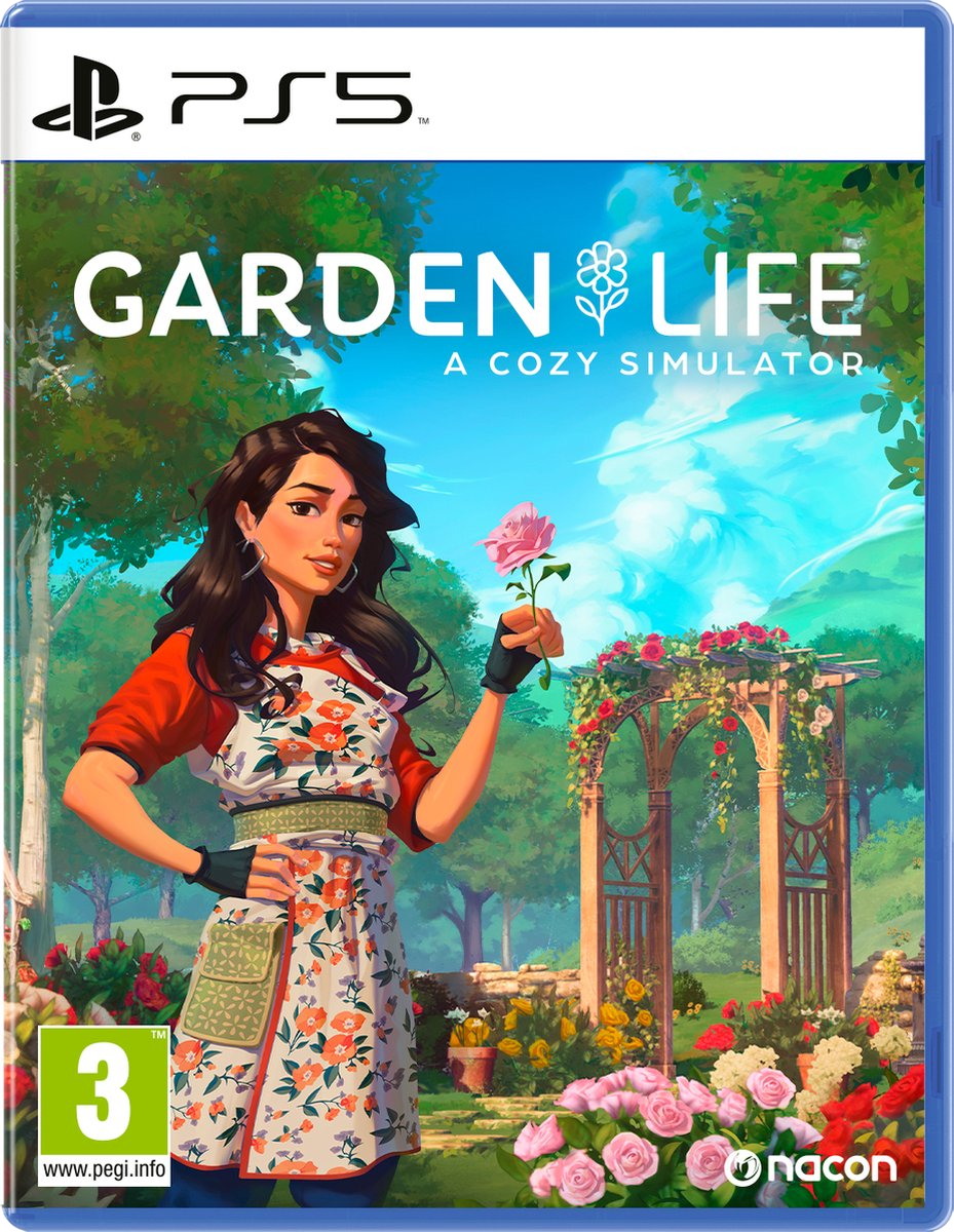 Gamebox art. Vrouw in schort houdt roze bloem vast. Tuinscene met bloemen.