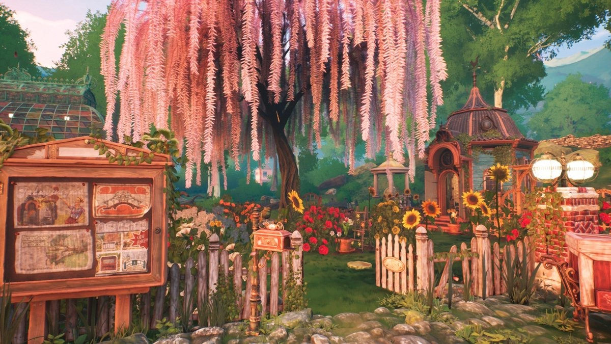 Een kleurrijke tuinscene met een treurboom, zonnebloemen, een prieel en een prikbord.