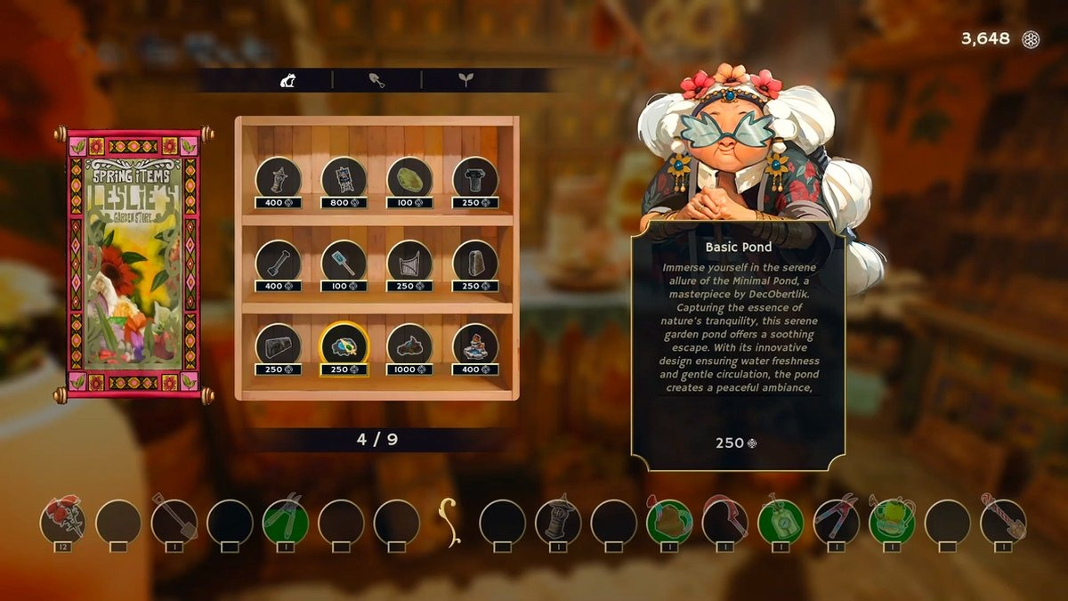 Een game-interface toont een winkel met items. Een portret van een personage staat rechts. Items worden op schappen weergegeven.