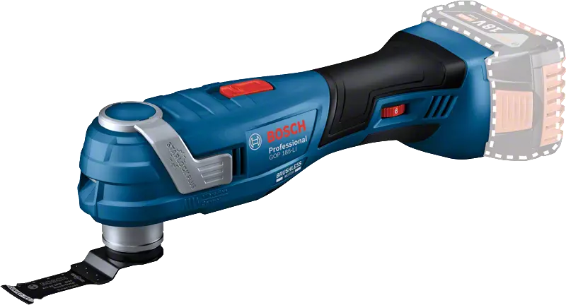 Bosch multifunkciós szerszám, kék test, piros gomb, fekete penge.