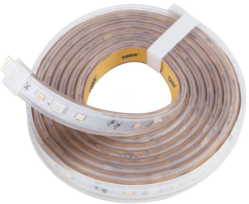 Una striscia LED tesa bianca e gialla arrotolata con un cinturino bianco e connettore.