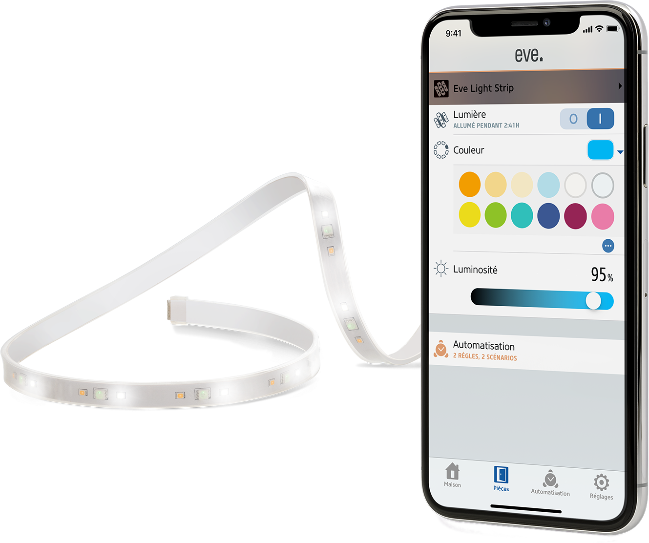 Striscia luminosa bianca con smartphone che mostra le impostazioni. Il telefono mostra le opzioni colore e luminosità.