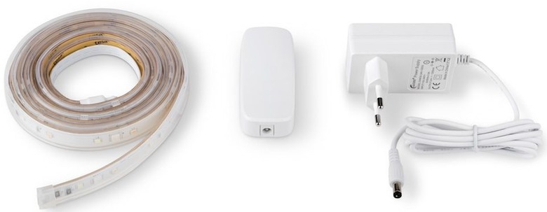 Striscia luminosa LED bianca, unità di controllo bianca e alimentatore bianco.