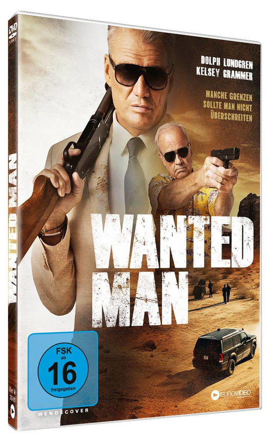 DVD-Hülle von 'Wanted Man'. Dolph Lundgren hält eine Waffe. Andere Schauspieler sichtbar. Wüstenhintergrund.