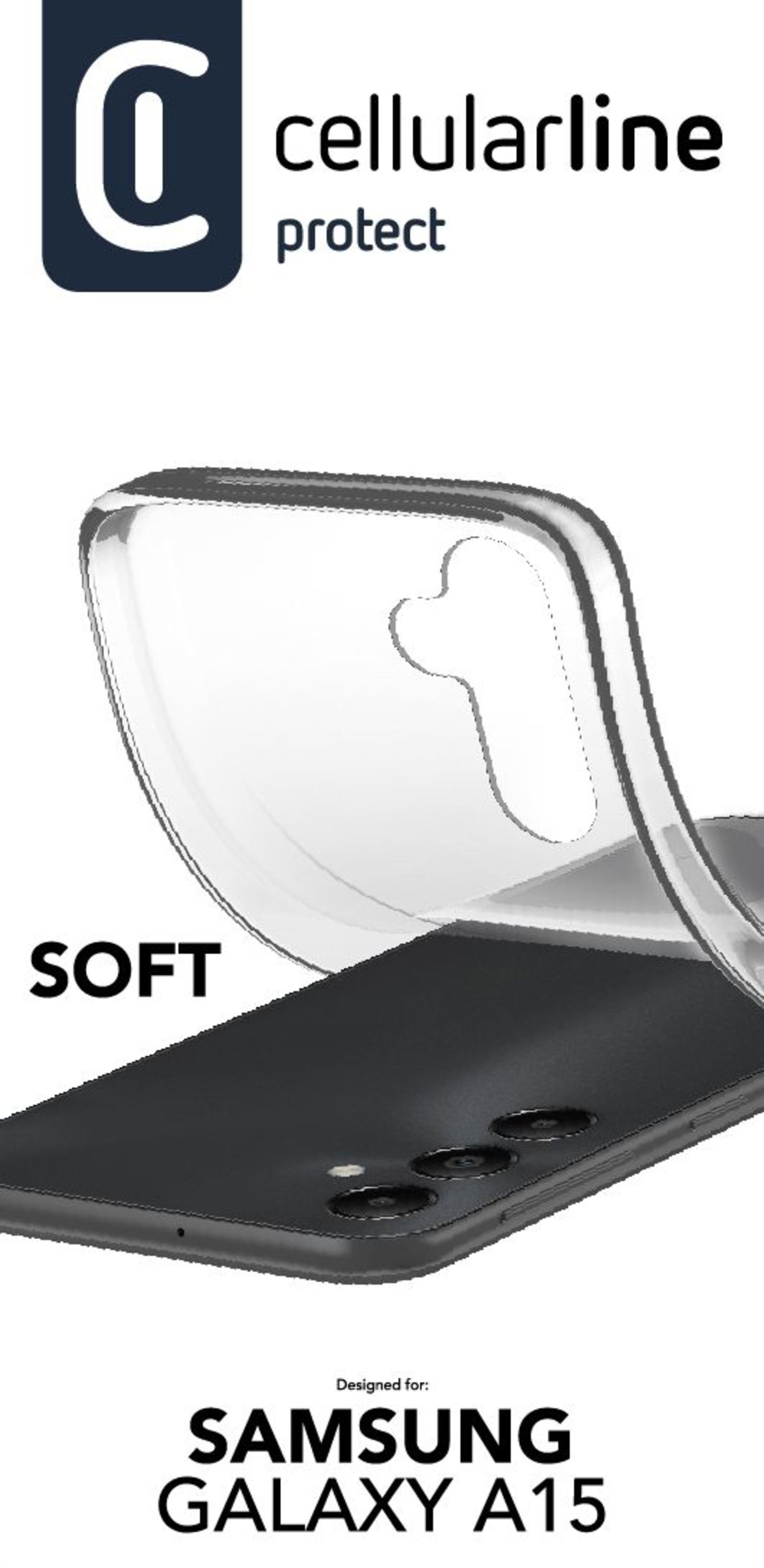 Funda transparente sobre un teléfono negro. Texto "soft" y "Samsung Galaxy A15" en la funda.