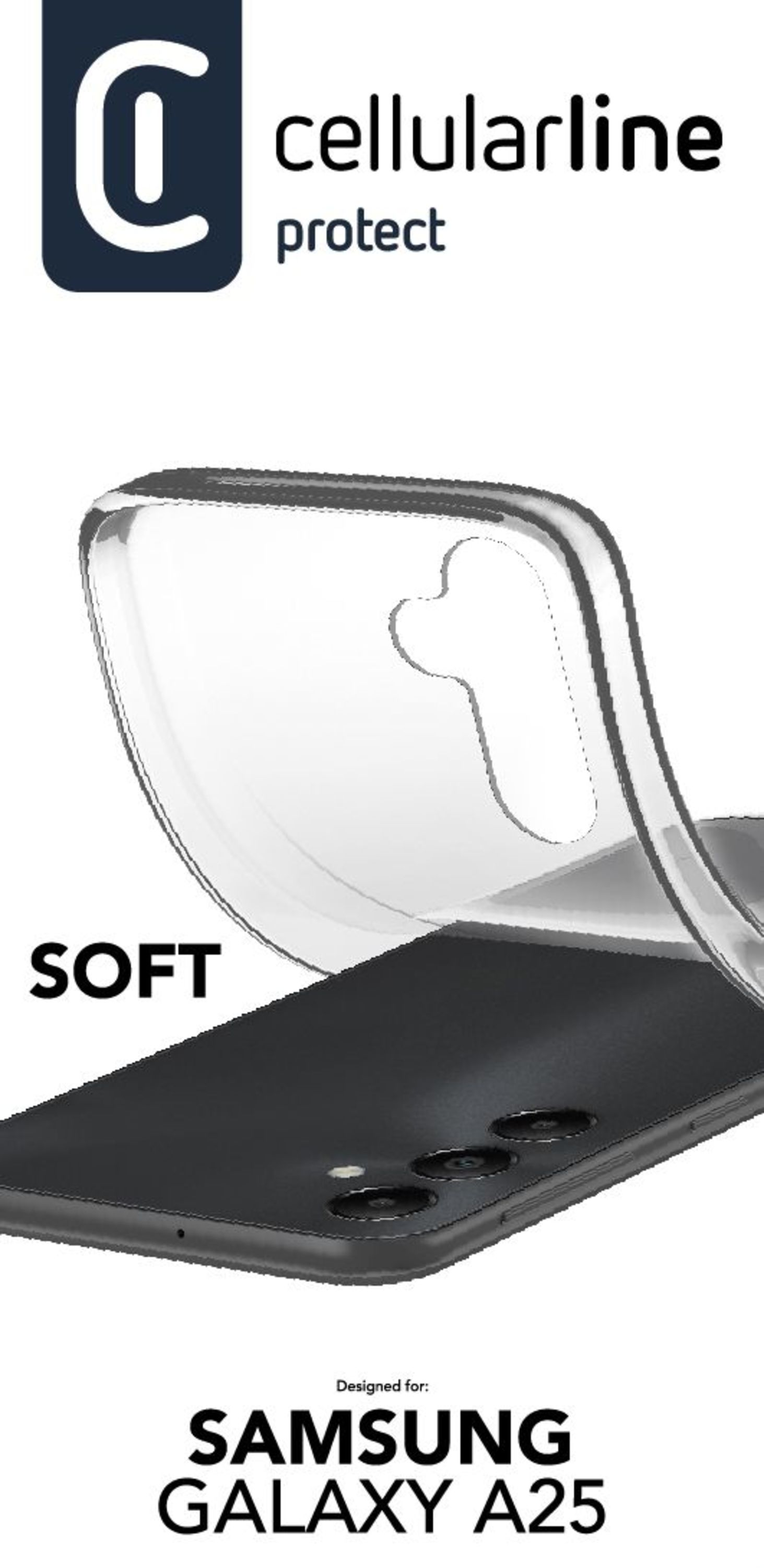 Funda blanda Cellularline. Muestra un teléfono dentro de la funda transparente.