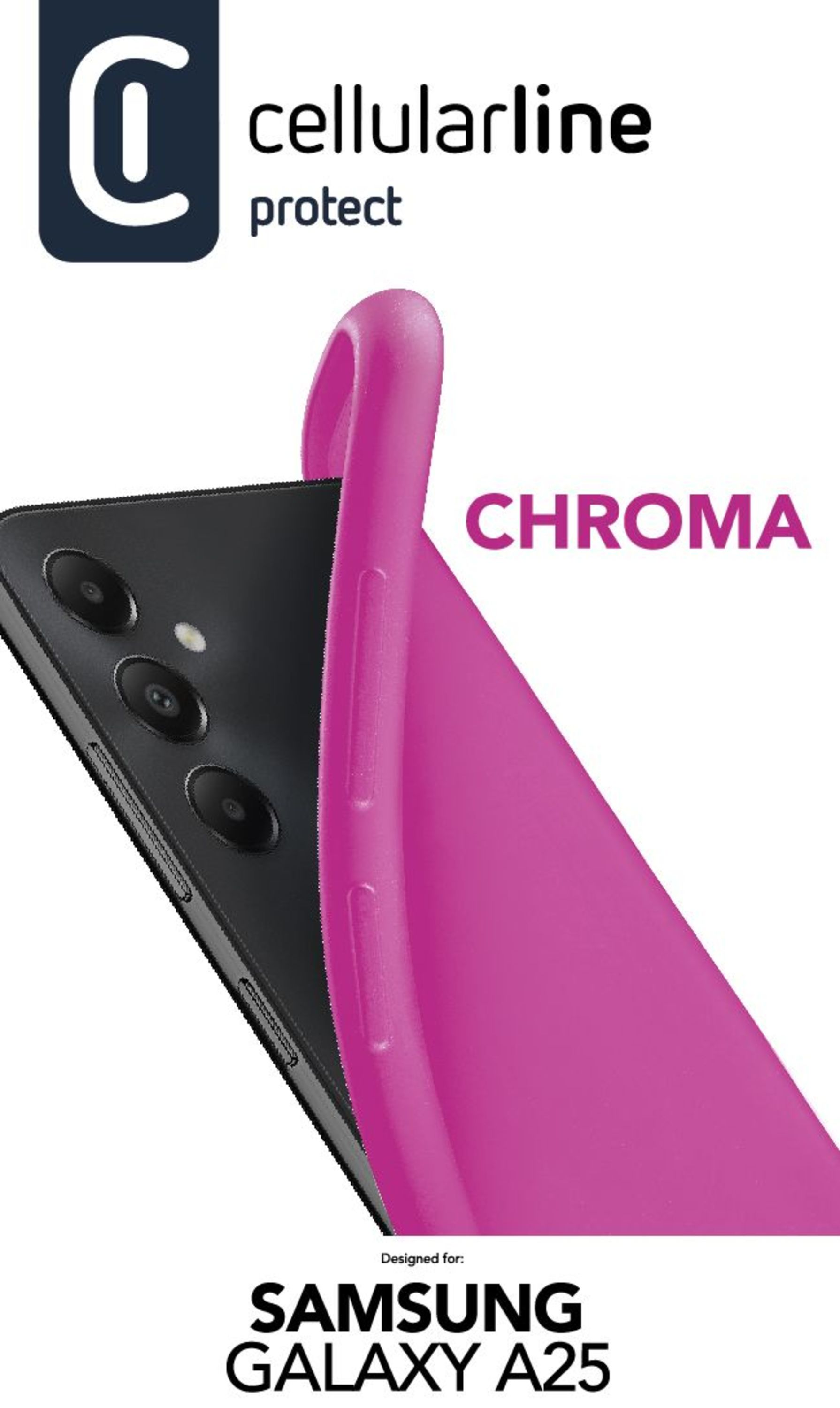 Funda rosa para teléfono en teléfono negro. La palabra 'CHROMA' escrita en la funda.