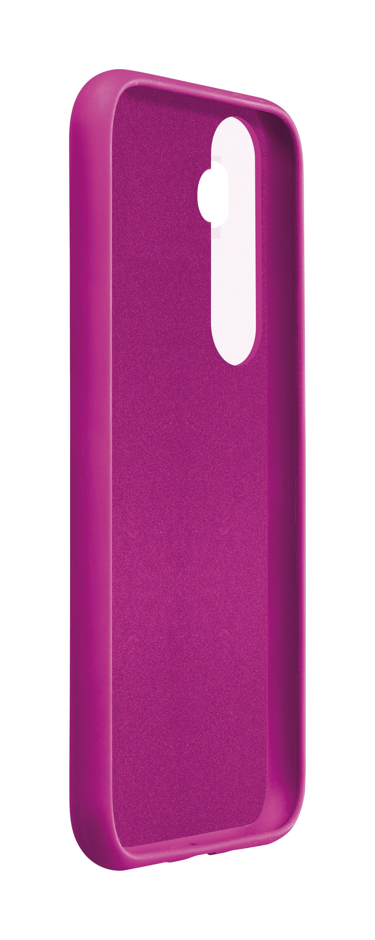 Funda de teléfono rosa. Vista lateral de una funda rosa. Interior blanco.