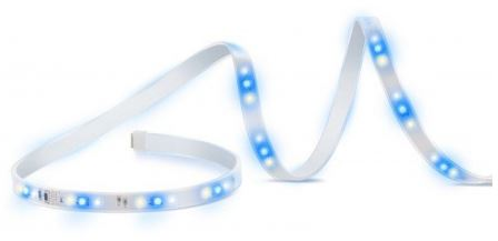 Una striscia luminosa LED bianca e flessibile con luci blu.
