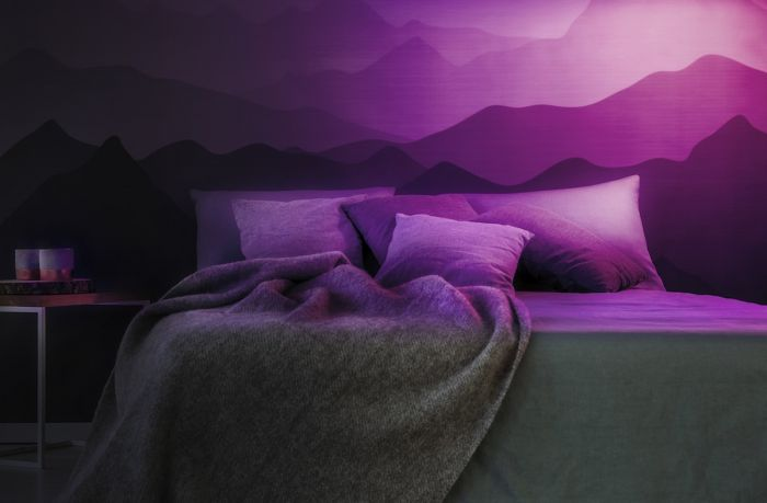 Una camera da letto con un murale di montagne viola, letto, cuscini e una coperta.