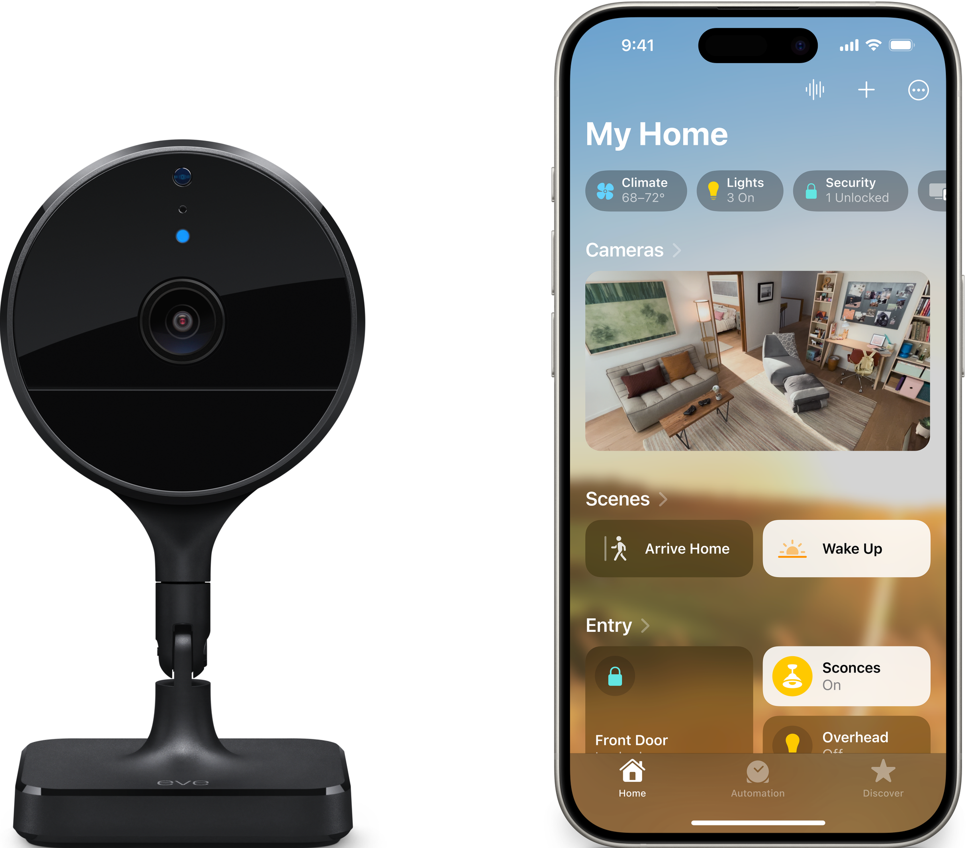 Telecamera di sicurezza nera accanto a un iPhone che mostra l'app Casa.