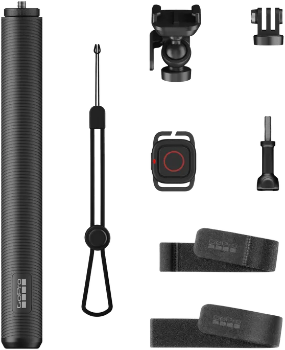 GoPro Zubehör, einschließlich Selfie-Stick, Handgelenksschlaufe und Fernbedienung.