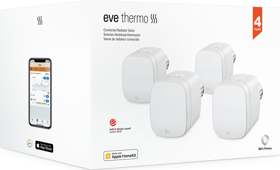 Box-Set von Eve Thermo vernetzten Heizkörperventilen mit Verpackung und Smartphone-Bild.