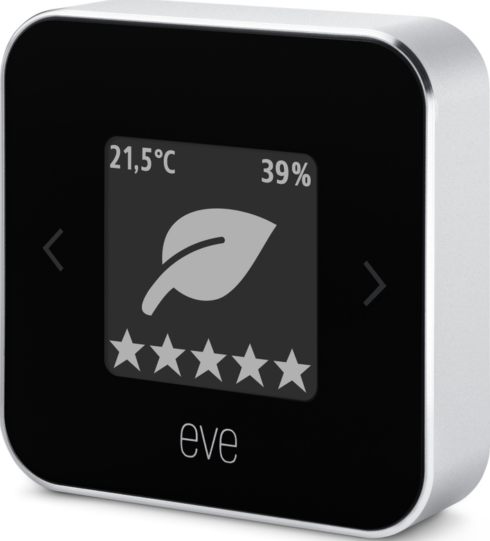 Weißes und silbernes Smart-Home-Gerät, das Temperatur, Luftfeuchtigkeit und ein Blatt-Symbol mit Sternen anzeigt.