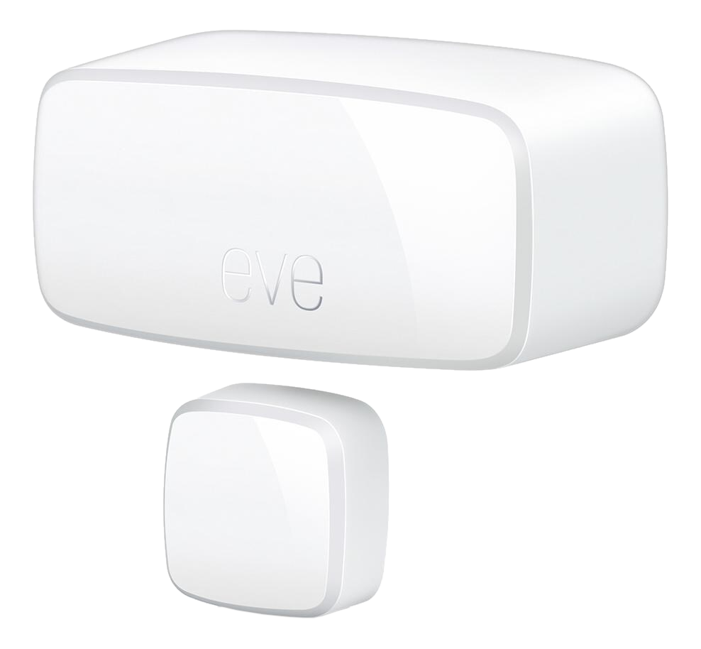 Zwei weiße Eve Smart-Home-Geräte. Eines ist quadratisch und klein, das andere rechteckig und größer.