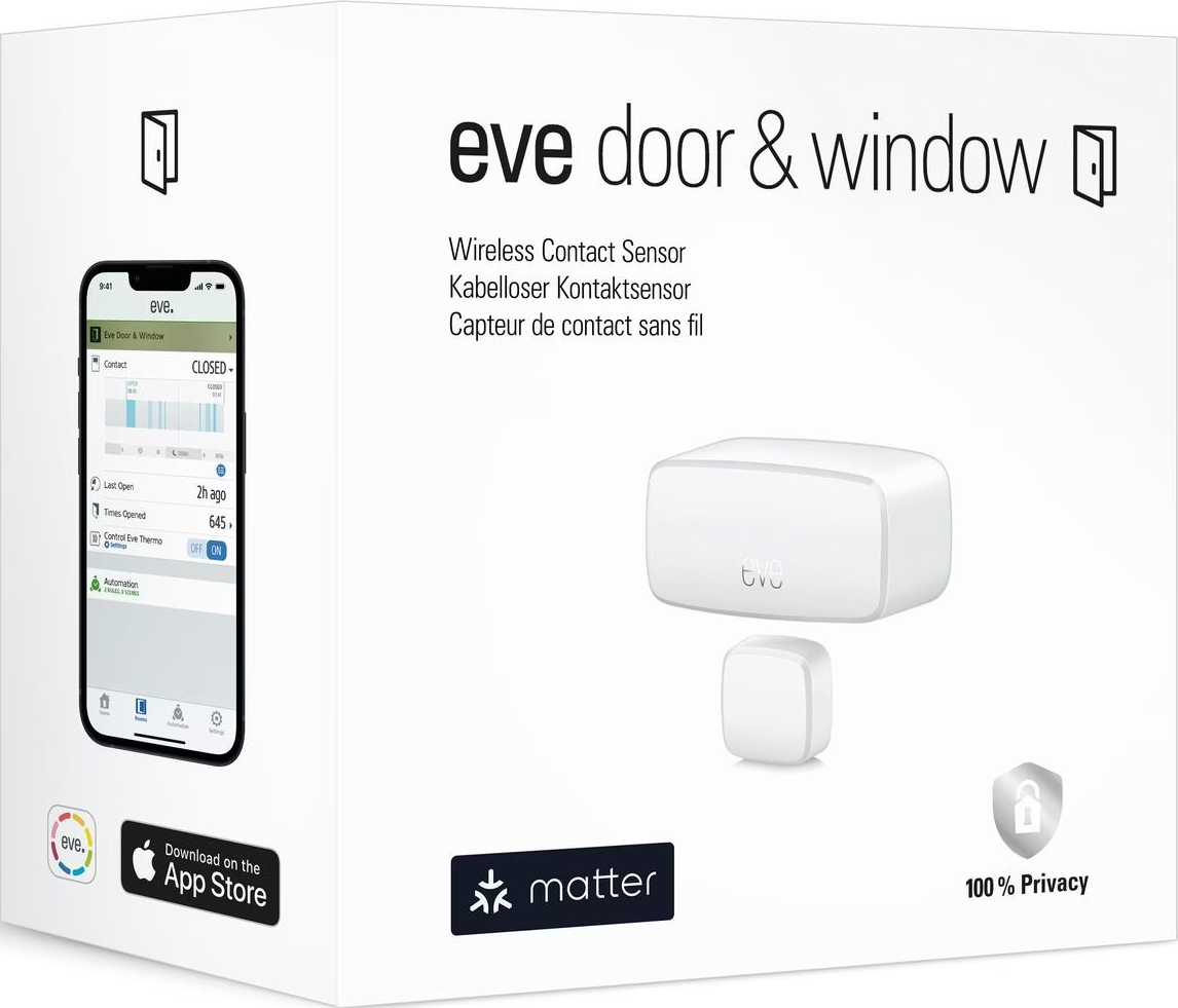 Weißer Eve Tür- & Fenster-Funkkontaktsensor mit Box, App und Matter-Logo.