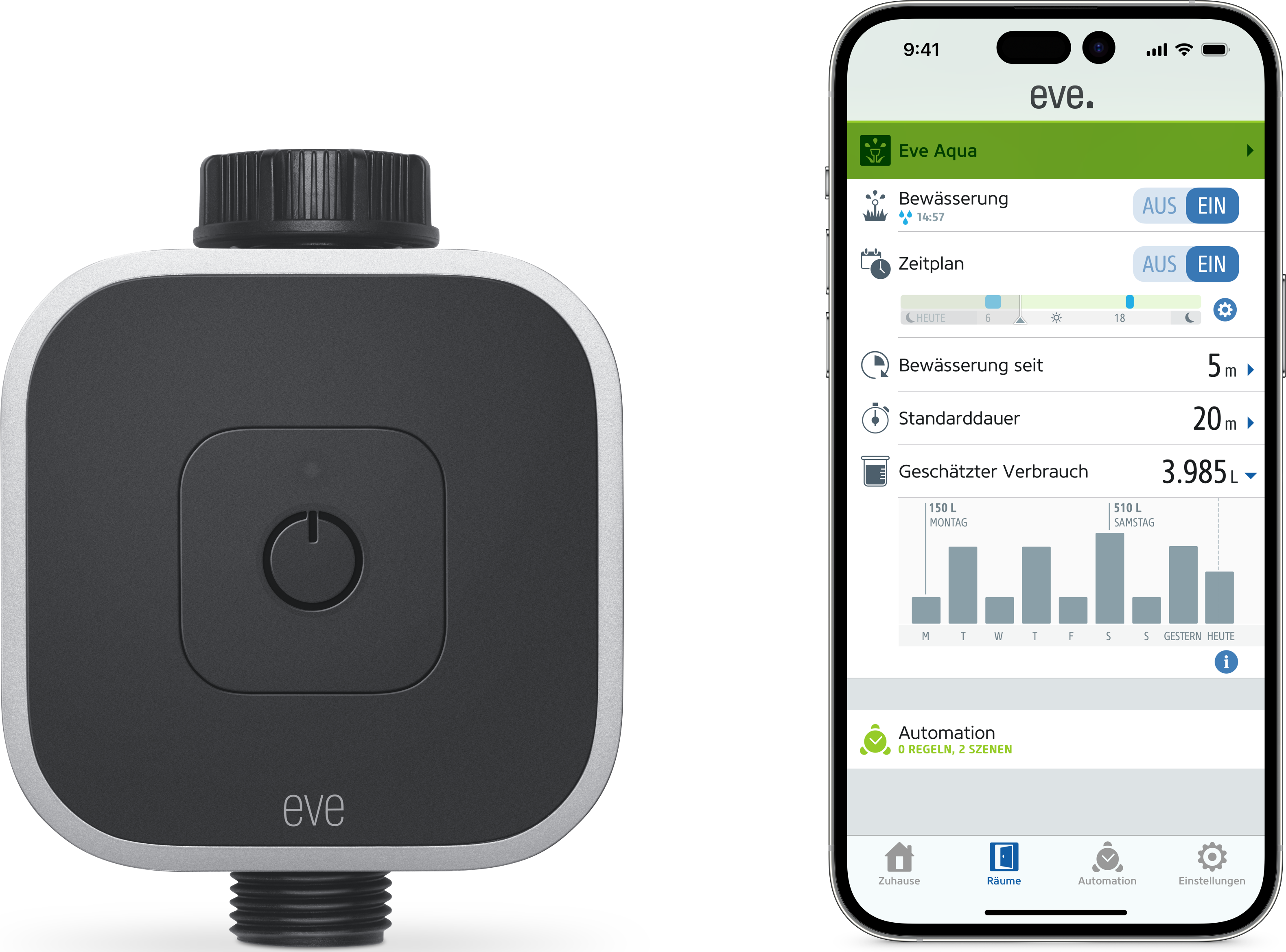 Un timer per l'acqua Eve Aqua accanto a un telefono che mostra un'interfaccia dell'app con statistiche di utilizzo.