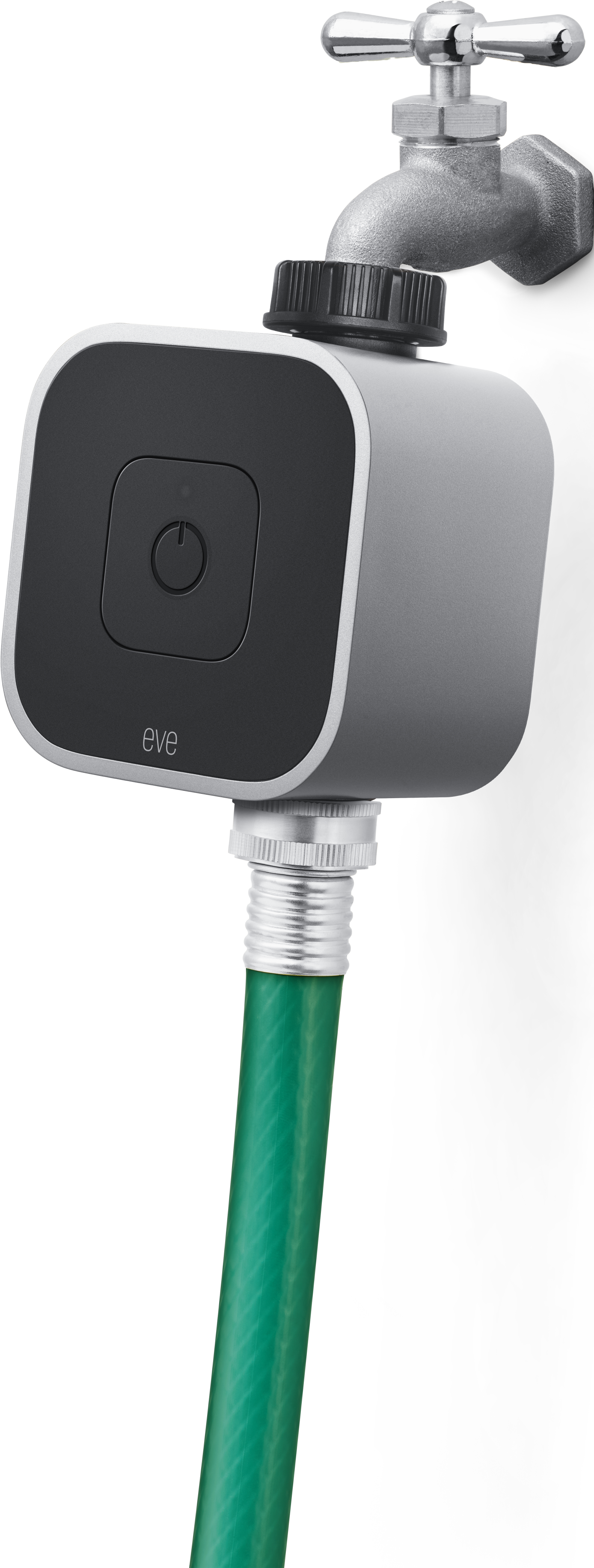 Una valvola intelligente per l'acqua è collegata a un rubinetto e a un tubo verde, montata su un muro bianco.