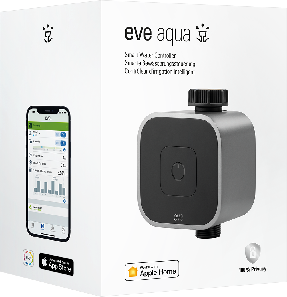 Scatola bianca con controller acqua intelligente eve aqua. Viene mostrata anche l'interfaccia dell'app.