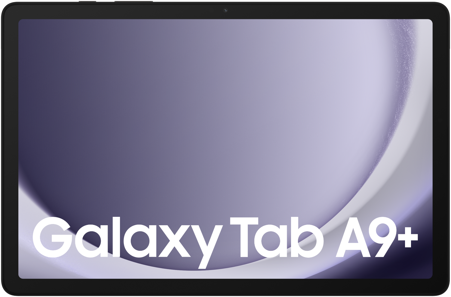 Tablette Samsung Galaxy Tab A9+. Cadre noir, écran violet avec texte.