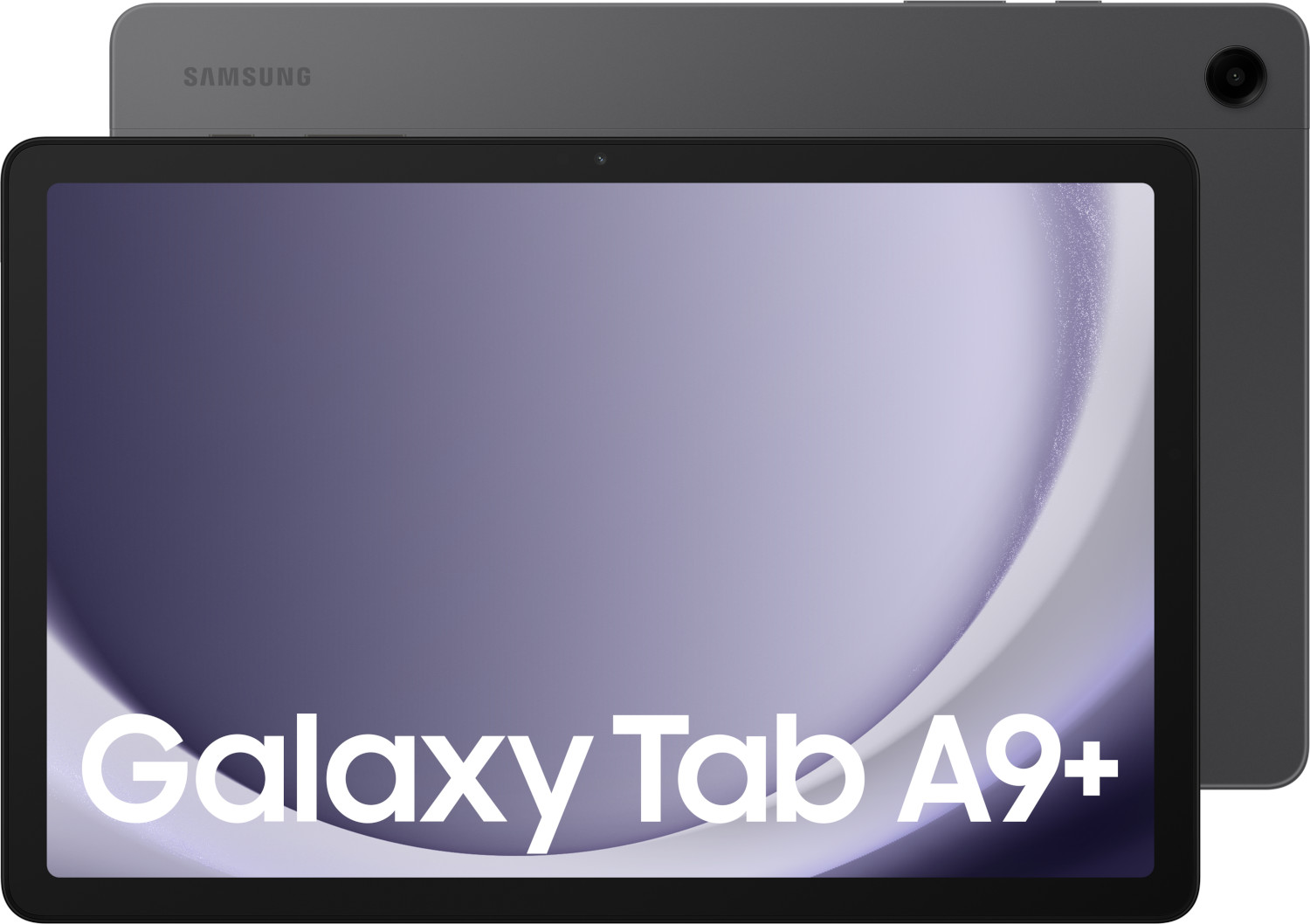 Tablette sur surface blanche, vue avant et arrière. L'écran affiche un design.