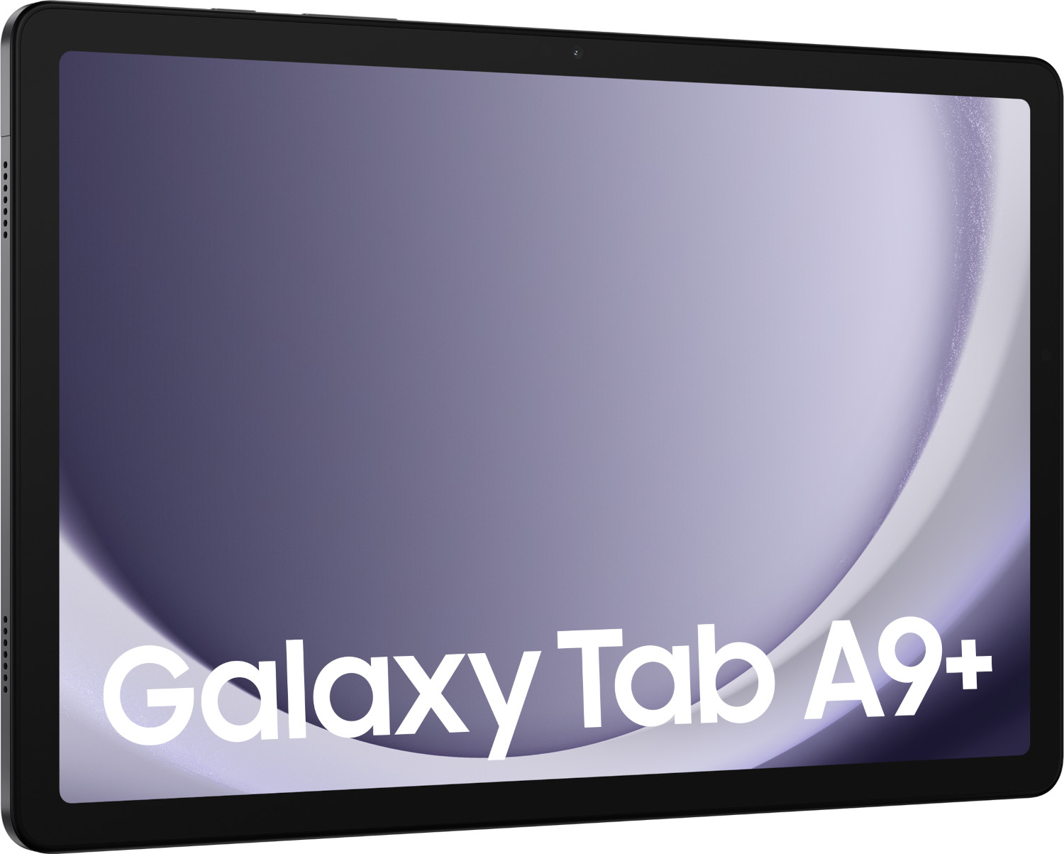 Une tablette Samsung Galaxy Tab A9+ noire sur fond blanc.