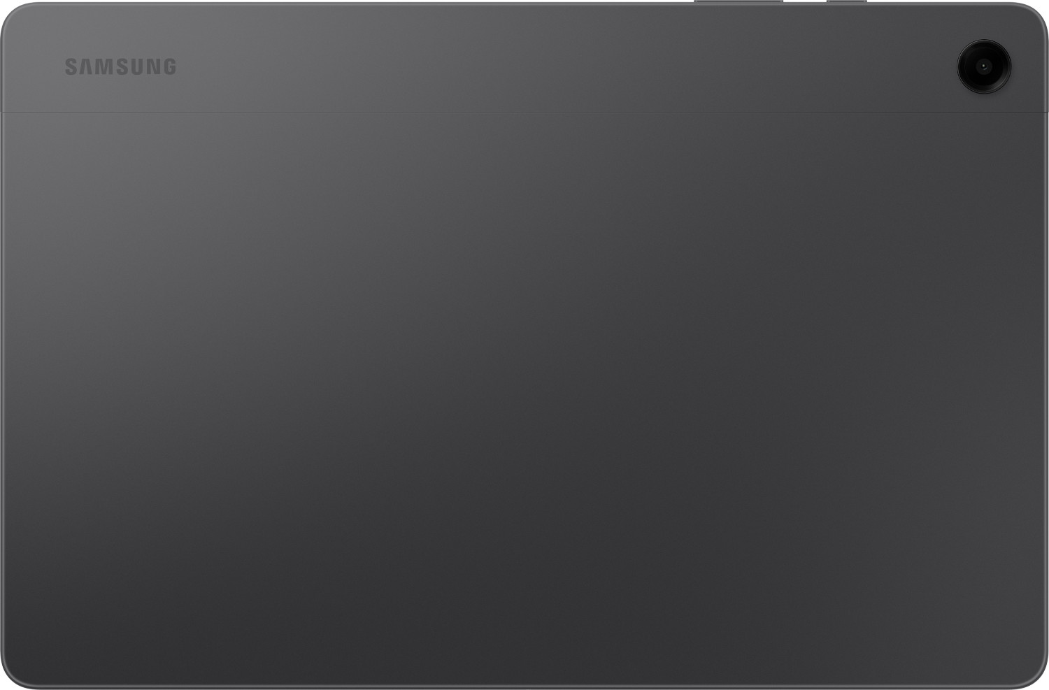 Vue arrière d'une tablette noire, avec une caméra et le logo Samsung. Fond gris.