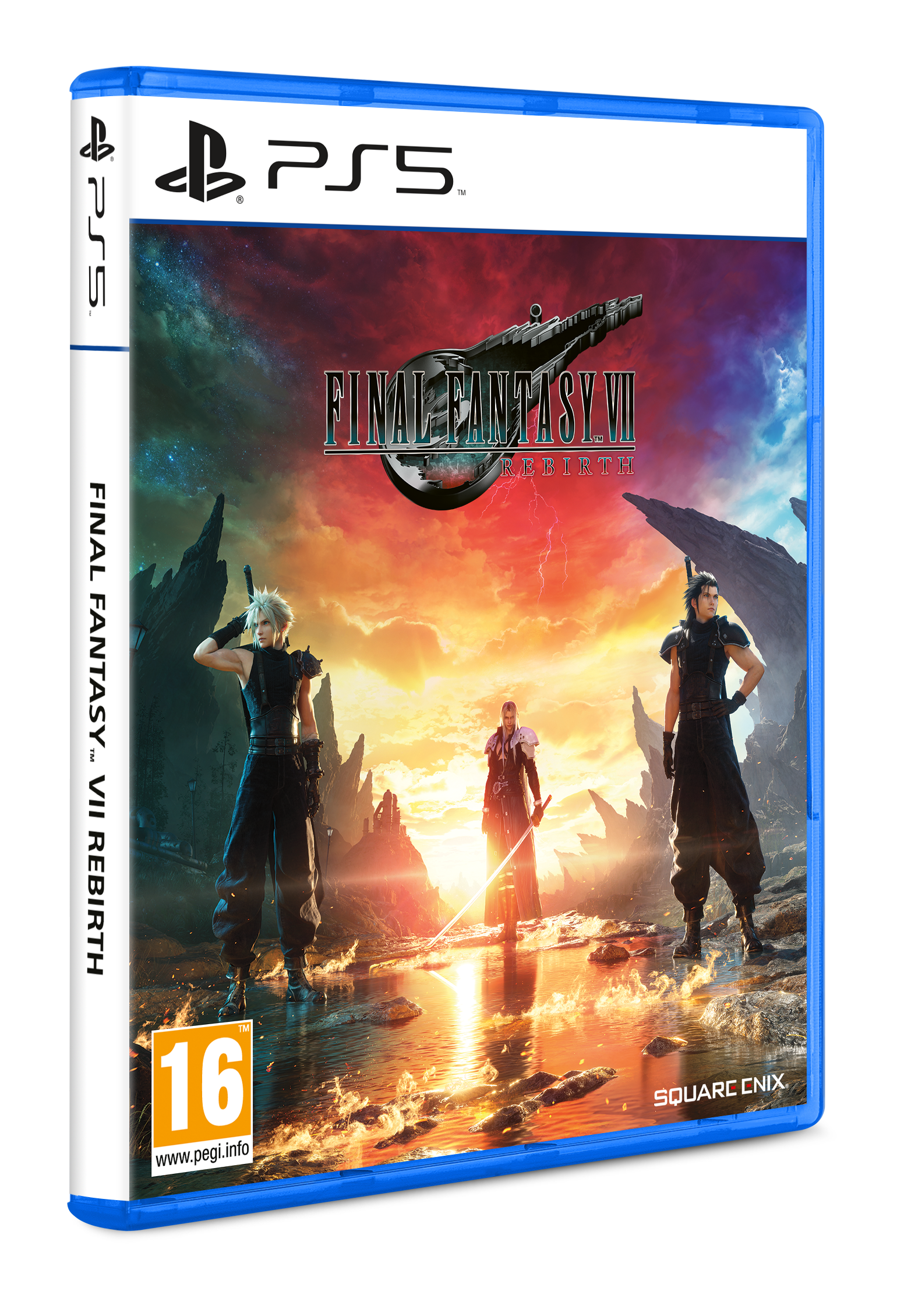 Final Fantasy VII Rebirth PS5-Spielcover. Zeigt drei Charaktere und einen lebendigen, apokalyptischen Hintergrund.