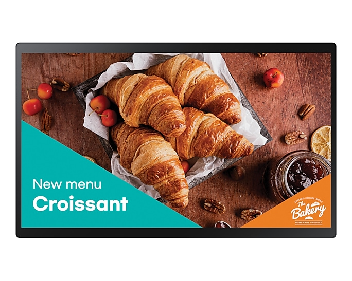Eine Anzeige mit Croissants, einem neuen Menüschild und einem Logo einer Bäckerei.