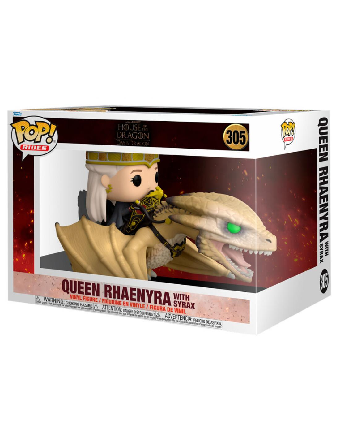 Figura Funko Pop de la Reina Rhaenyra con Syrax de La Casa del Dragón, en una caja.