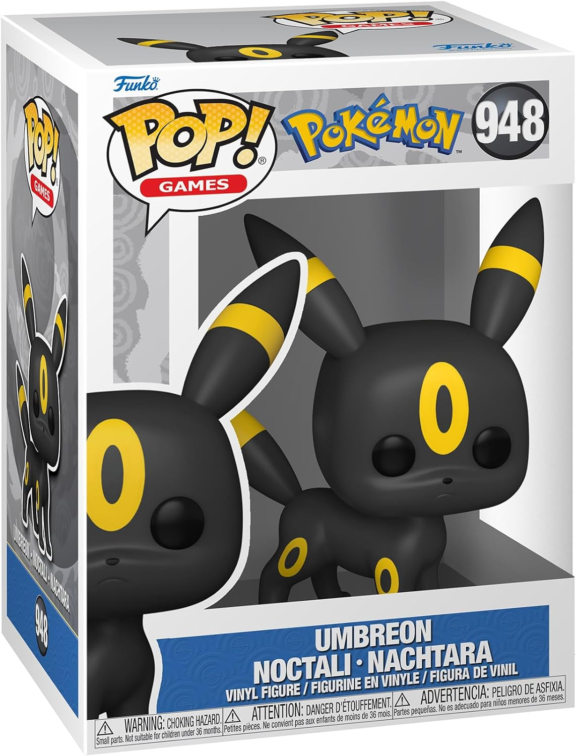 Una figura Funko Pop de Umbreon de Pokémon, en una caja, con la figura visible.