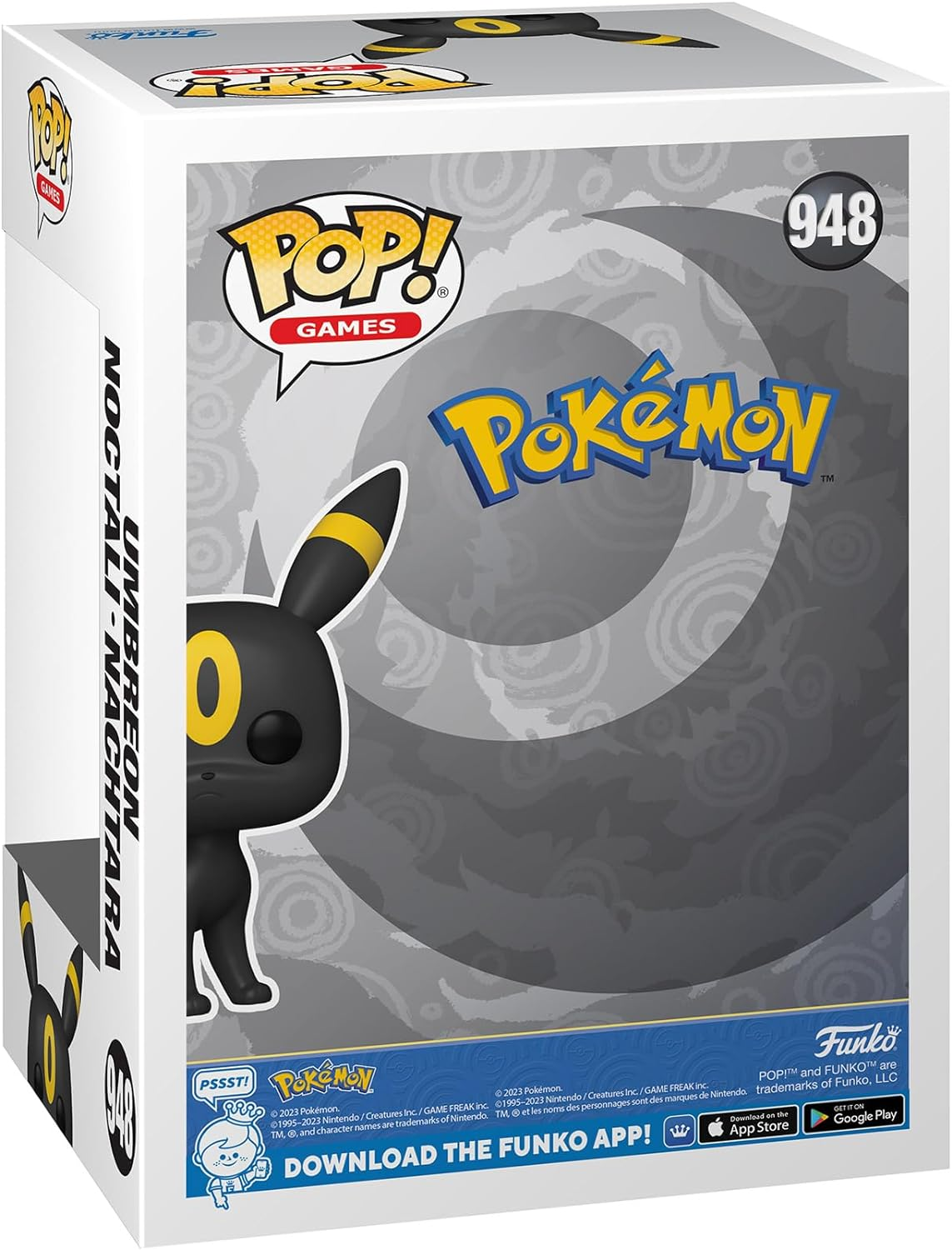 Una caja Funko Pop con Umbreon de Pokémon. La caja es blanca y muestra el producto.