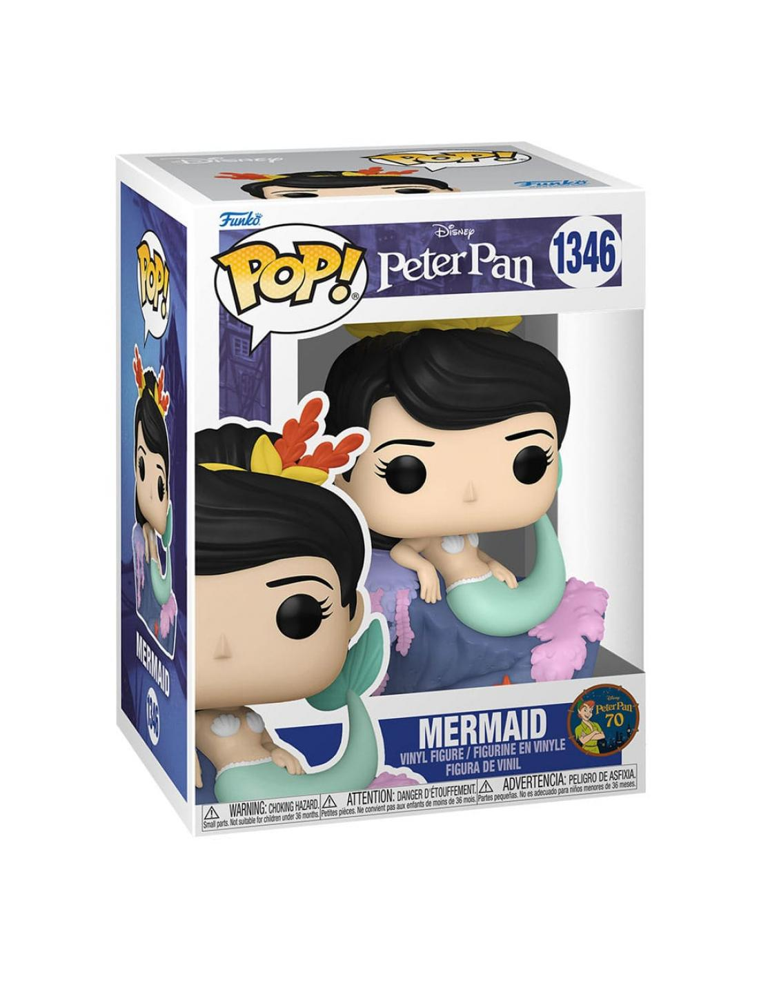 Una figura de sirena de Peter Pan dentro de una caja. Fondo blanco. La caja es mayormente blanca.