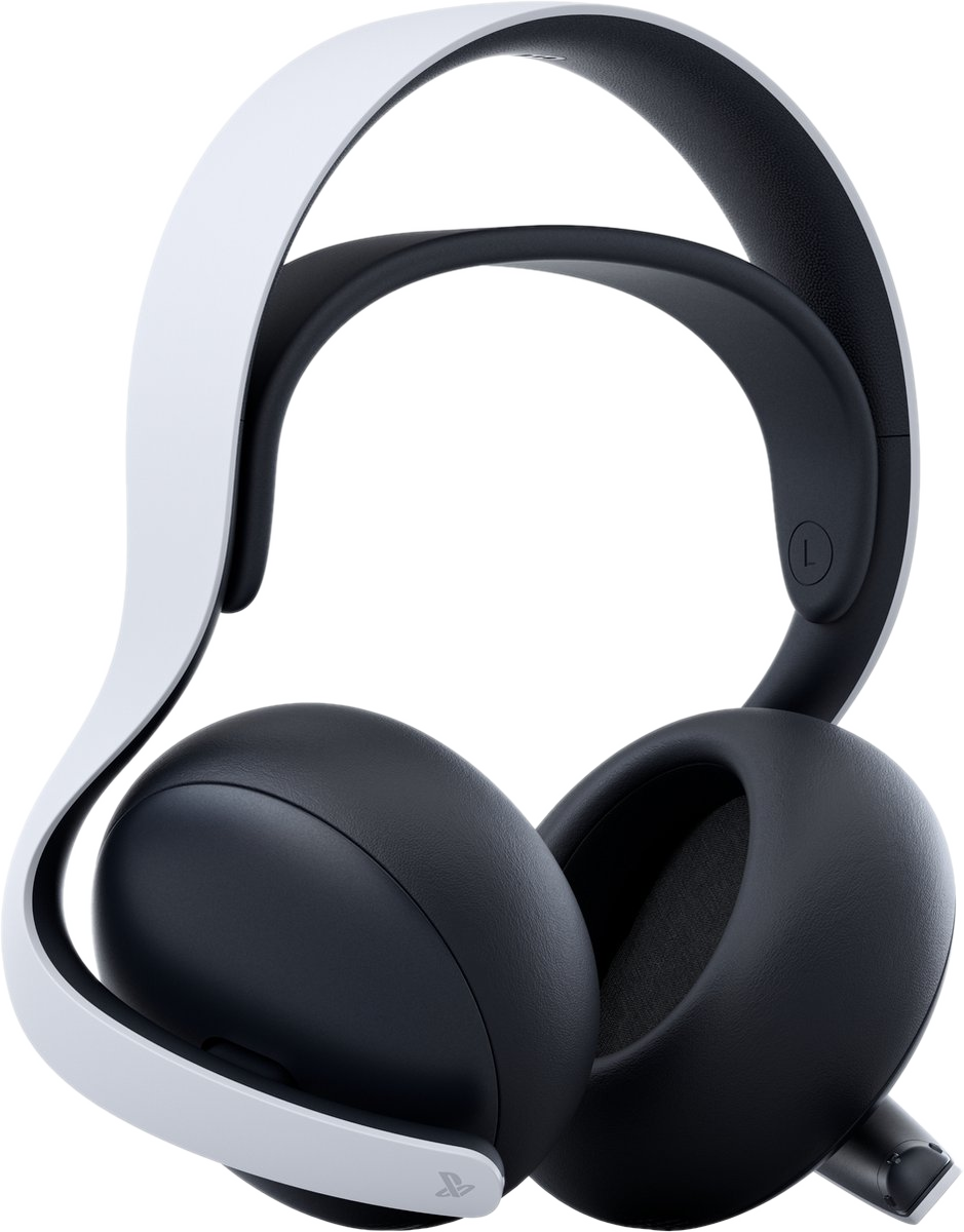Casque Playstation 5 noir et blanc, avec arc blanc et écouteurs noirs.
