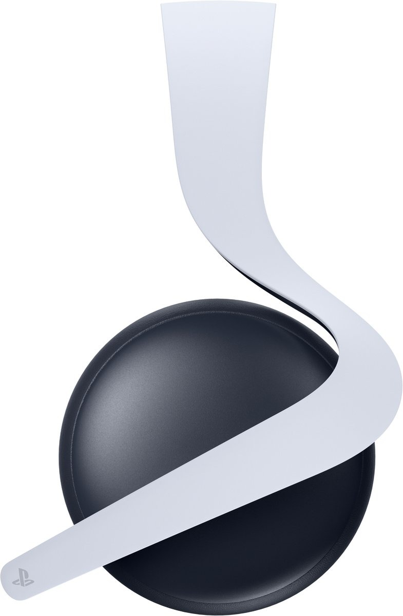 Un support de manette PlayStation 5 blanc et noir, en forme de bras blanc courbé et d'une base noire.