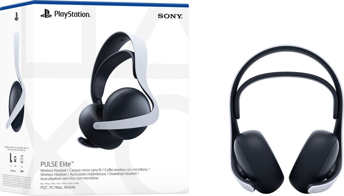 Casque sans fil PlayStation Pulse Elite blanc et noir et boîte. La boîte montre une image du casque.
