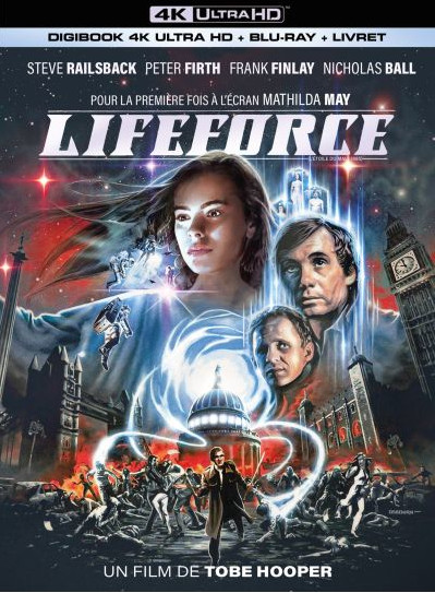 Lifeforce DVD-hoes met acteurs, skyline van Londen en een ruimtescène.