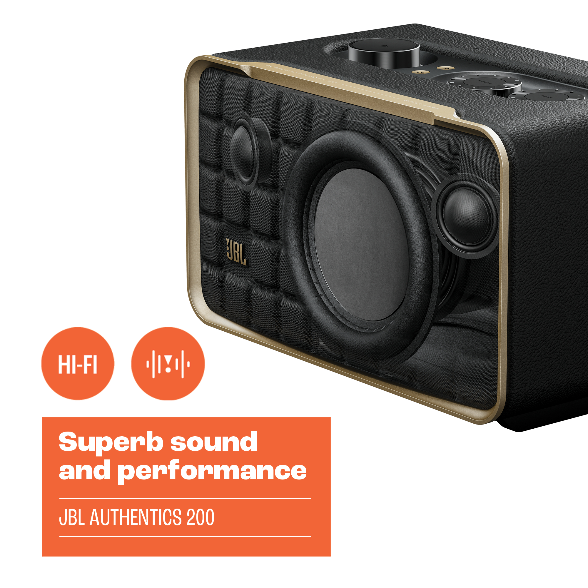 Schwarzer JBL-Lautsprecher mit goldfarbenem Zierrat, Text: Hervorragender Klang und Leistung, JBL Authentics 200.